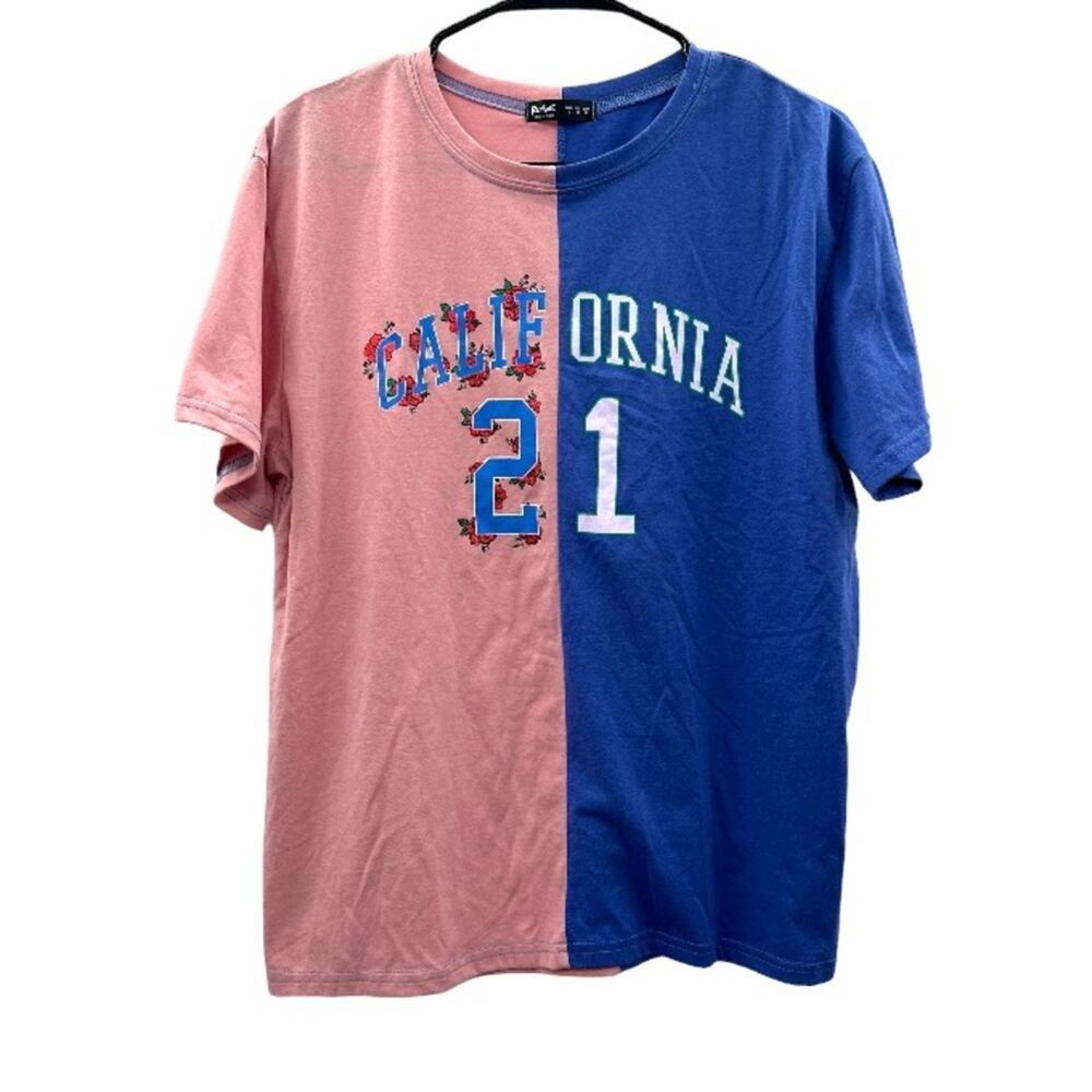 Romwe Pink & Blue Divided Colorblock California 21 Graphic Short‎ Sleeve Shirt S